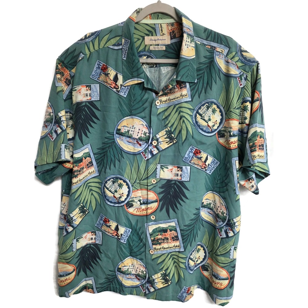 Tommy Bahama Mens XXL Silk Hawaiian Shirt Green Royal Hawaiian Moana Postcard